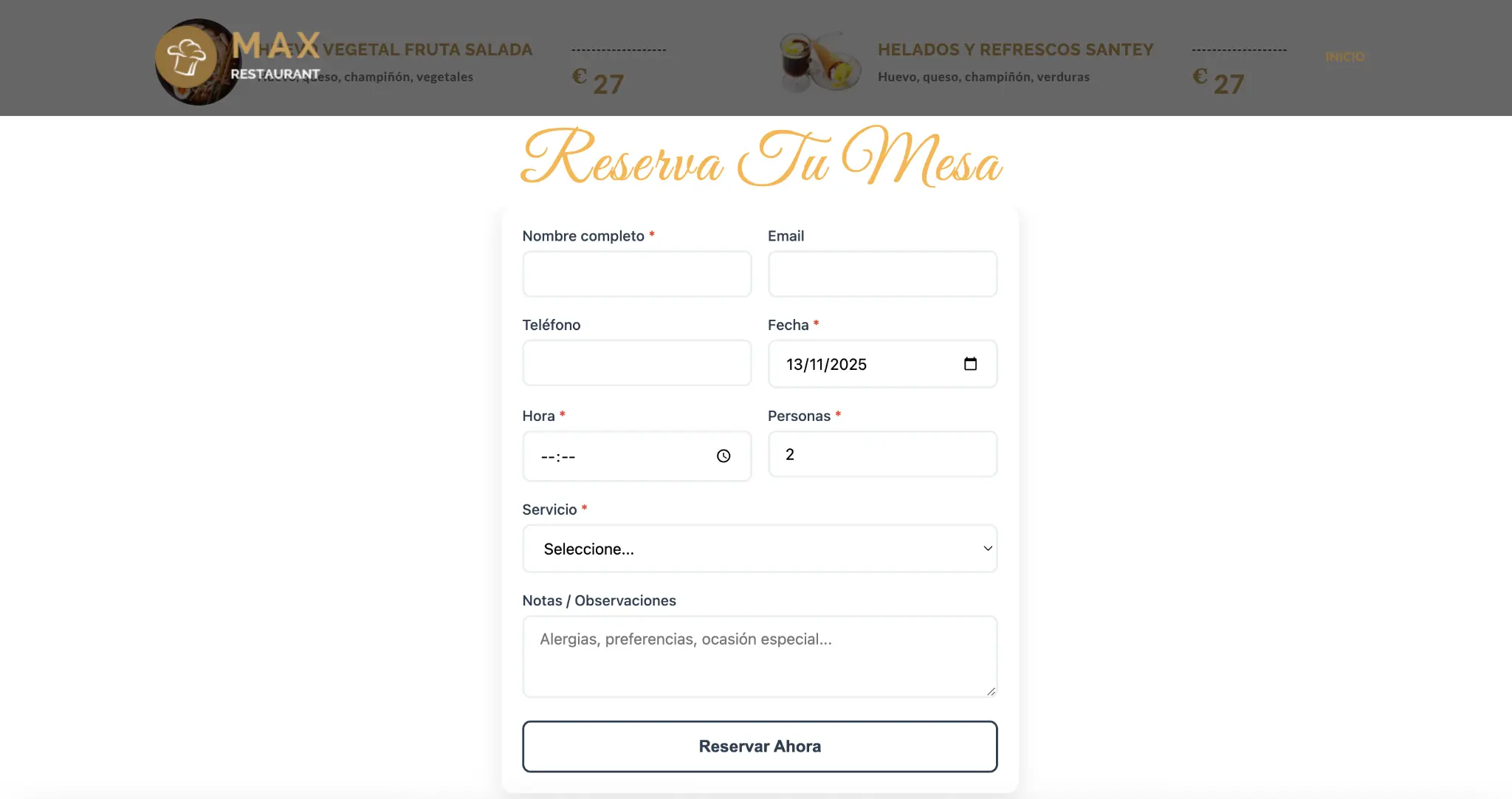 Ejemplo de Integración en la web del restaurante